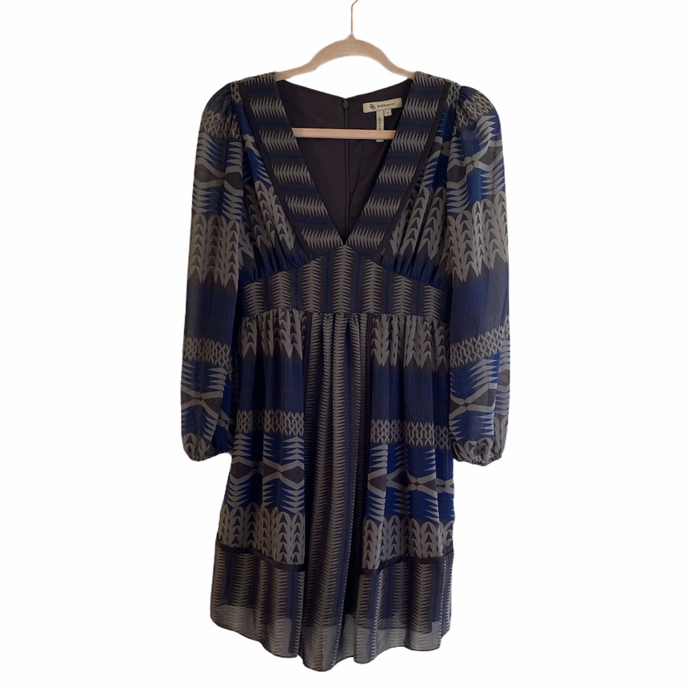 BCBGeneration Long Sleeve Empire Waist Chiffon Cocktail Dress w/ Geometric print